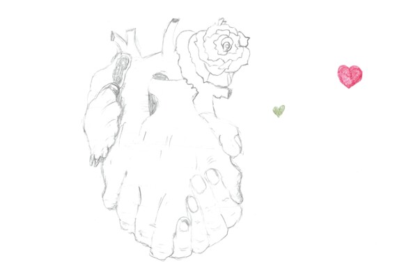Zeichnung "Herz, Hand, Rose"