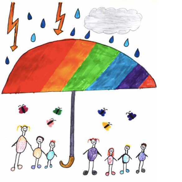 Kinderzeichnung: Kinder unter Regenschirm