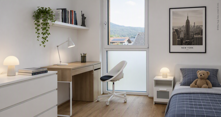 Innenansicht eines Schlafzimmers der Wohngemeinschaft mit Bett, Regalen und Schreibtisch. Fenster erlauben viel Licht in das Zimmer.
