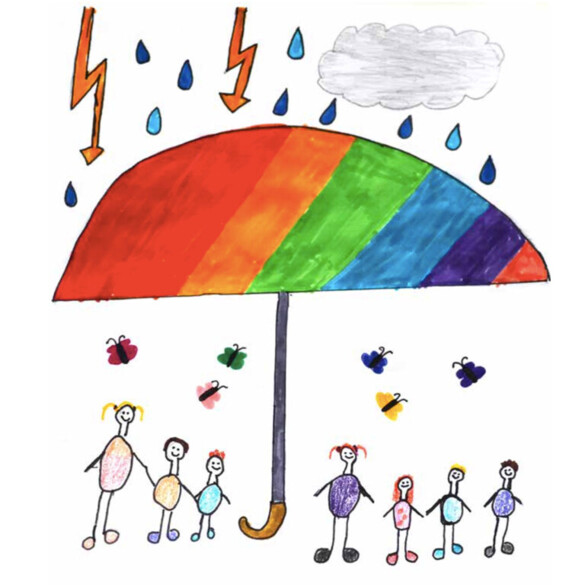 Kinderzeichnung: Sieben Kinder unter einem bunten Regenschirm, darüber Blitze, eine Wolke und Regentropfen